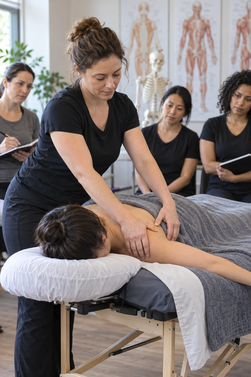 Professional massage therapist demonstrating techniques to students
